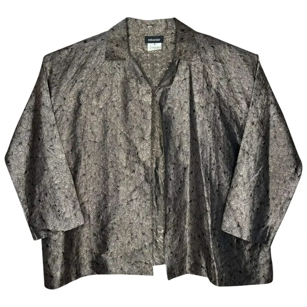 VTG Eskandar Brocade Silk Kimono Jacket Womens 1 Brown Metallic Floral - Picture 1 of 11